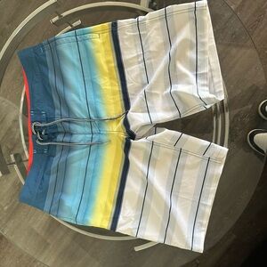 Men's Striped Ombre Swim Trunks - Blue, Yellow, White